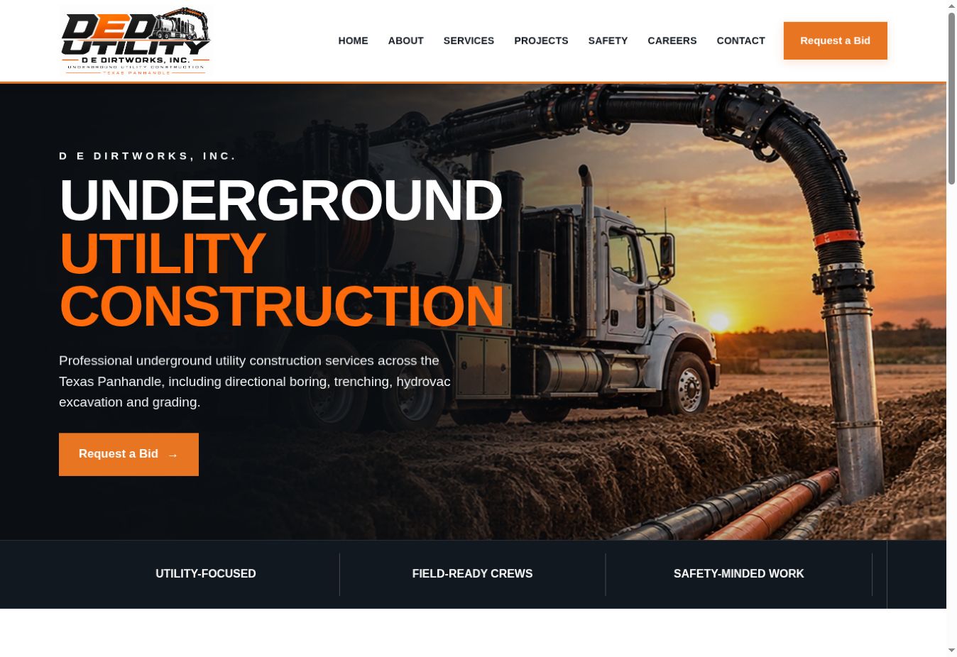 D E Dirtworks, Inc. website preview